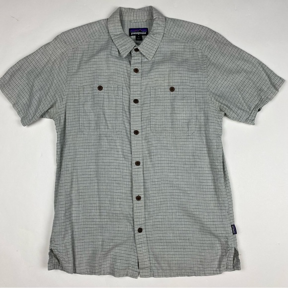 Patagonia Hemp Cotton Short Sleeve Shirt Men’s Small Grey Check Well Worn Button - Picture 1 of 8